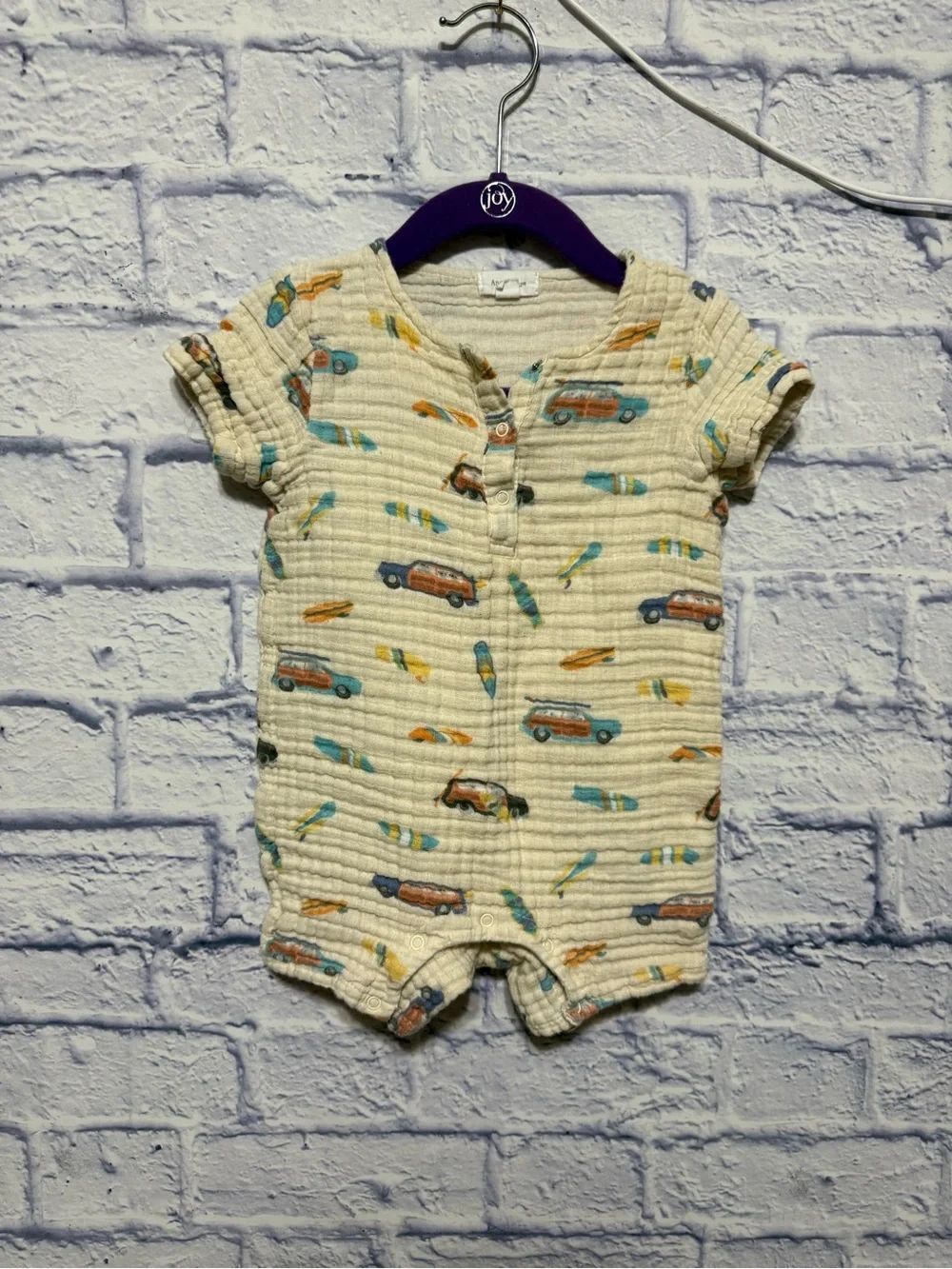 Angel Dear Muslin Woody Wagon & Surfboard Romper beige color beach-themed print